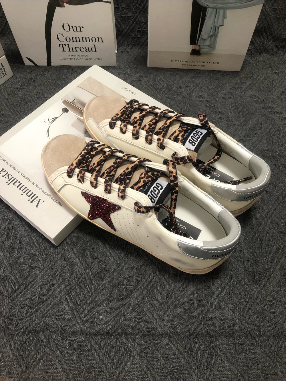 GoodGolden Goose Cream Leather Sneakers with Red Glitter Star and Leopard Laces